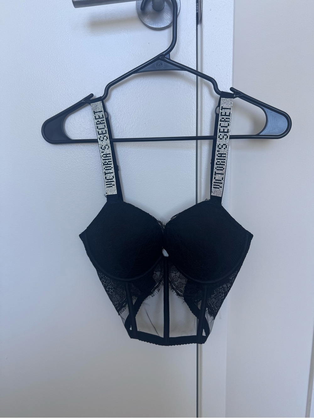 Victoria's Secret black lace push-up bra with rhinestone straps, size 32D